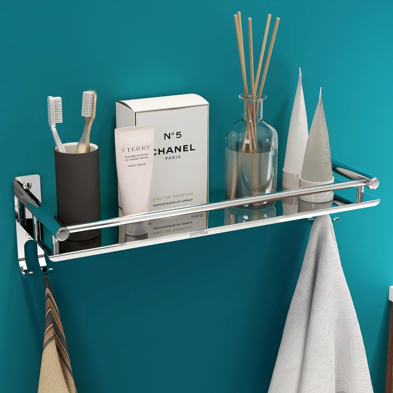 Plantex Stainless Steel Shelf for Bathroom/Stand for Bathroom/Kitchen/Living Room with Hooks and Railings/Bathroom Accessories (16x5 inches, Chrome) - Image 1