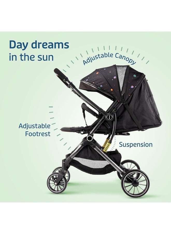 Luvlap Alpha Baby Stroller/Pram, One Fold, Travel Friendly, 5 Point Safety Harness, Reversible Handle bar, Multilevel Recline & Adjustable footrest, Extendable Canopy, for Babies 0-3 Years (Black) - Image 3