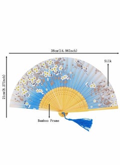Unewshi Folding Hand Fan for Women, Chinese/Japanese Vintage Retro Style Bamboo Wood Silk Folding Hand Fan with a Fabric Sleeve for Wedding, Dancing, Church, Party, Gifts, Blue  - Image 3