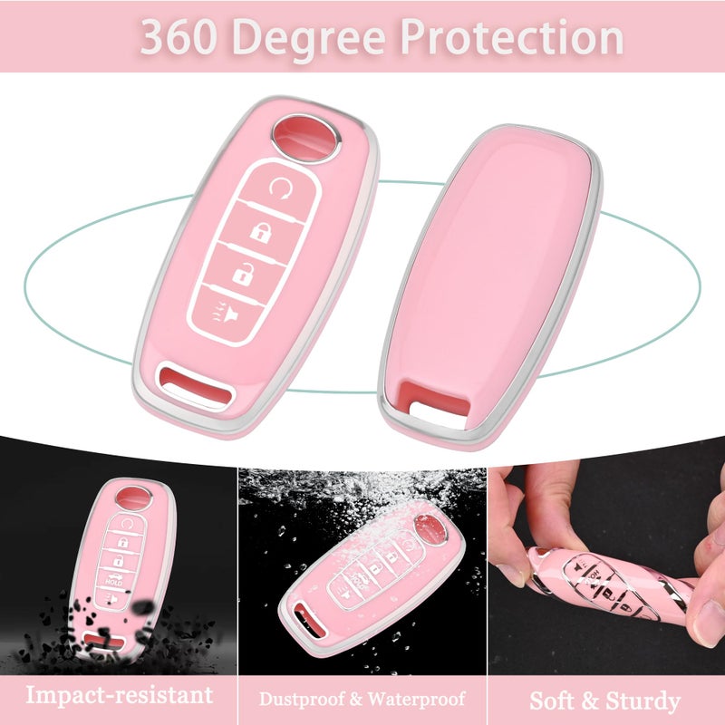 JAMCARI Key Fob Cover for Nissan - 4 Buttons Soft TPU Key Fob Case for 2023 2024 Pathfinder Rogue Versa kicks 2025 Sentra Patrol Armada Full Protection Car Key Cover with Bling Keychain (Pink) - Image 3