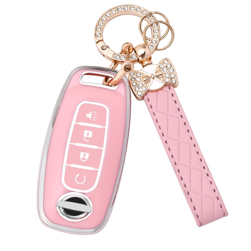 JAMCARI Key Fob Cover for Nissan - 4 Buttons Soft TPU Key Fob Case for 2023 2024 Pathfinder Rogue Versa kicks 2025 Sentra Patrol Armada Full Protection Car Key Cover with Bling Keychain (Pink) - Image 1