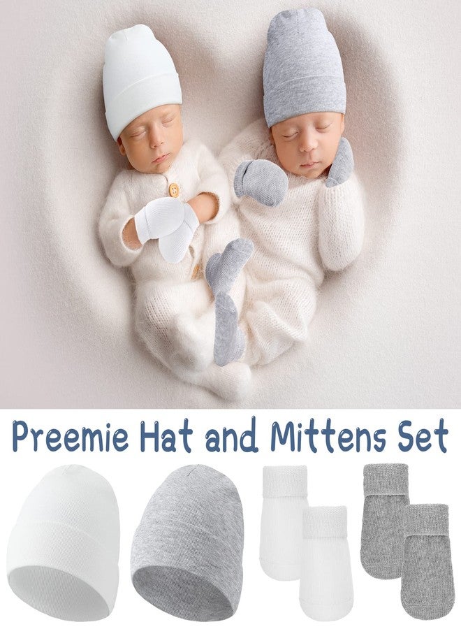 Hercicy 4 Pack Preemie Hat and Mitten Socks Set Cotton Preemie Beanie No Scratch Baby Mitten Nicu Hospital Hat for Boy Girl(Black, White, Light Gray, Light Khaki) - Image 4