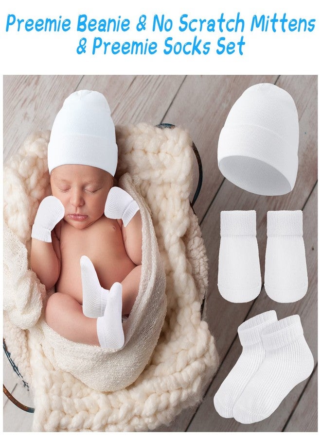 Hercicy 4 Pack Preemie Hat and Mitten Socks Set Cotton Preemie Beanie No Scratch Baby Mitten Nicu Hospital Hat for Boy Girl(Black, White, Light Gray, Light Khaki) - Image 2