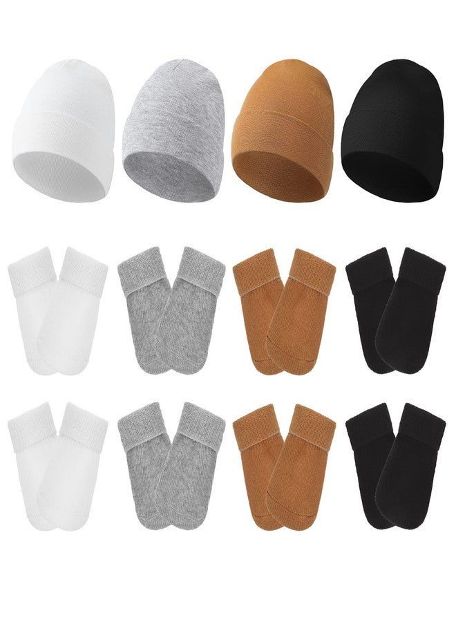 Hercicy 4 Pack Preemie Hat and Mitten Socks Set Cotton Preemie Beanie No Scratch Baby Mitten Nicu Hospital Hat for Boy Girl(Black, White, Light Gray, Light Khaki) - Image 1