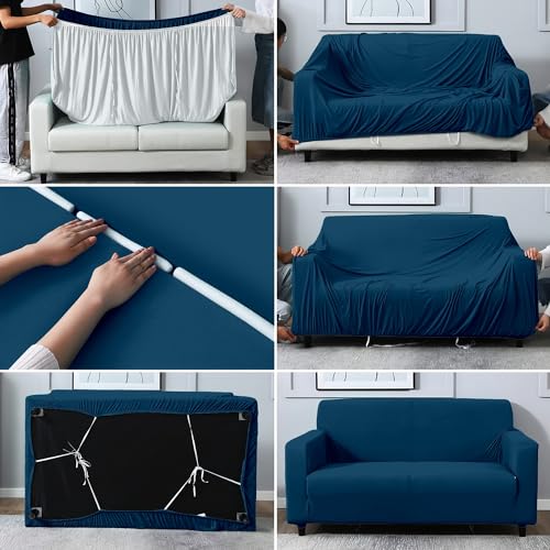 VORHANG Plain Sofa Cover | Highly Elastic Cover | Stretchable Universal Sofa Slipcover for Dining Drawing Room | Washable | Three Seater Sofa Cover | Dark Blue - Image 3