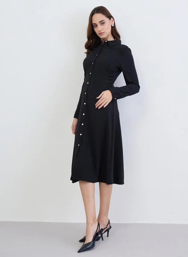 Styli Solid Long Sleeves Shirt Midi Dress