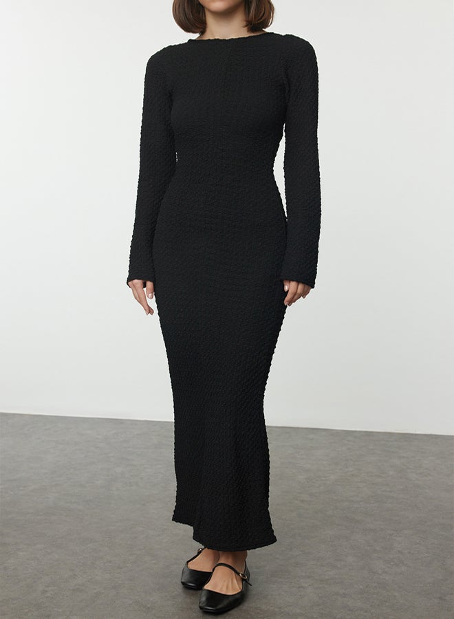 trendyol Black Plain Textured Fitted Maxi Knitted Dress TWOAW25EL00097 - Image 2