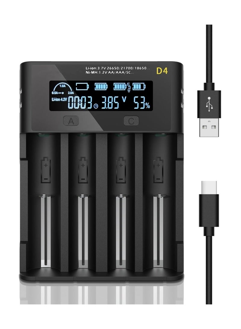 4-Slot Universal Rechargeable Battery Charger, 18650 Battery Charger LCD Display Battery Charger High-Speed Battery Charger with Micro USB for Li-ion Batteries 18650 26650, Ni-MH/Ni-Cd A AA AAA - Image 1