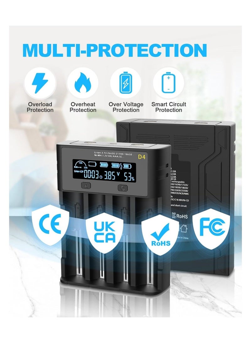 4-Slot Universal Rechargeable Battery Charger, 18650 Battery Charger LCD Display Battery Charger High-Speed Battery Charger with Micro USB for Li-ion Batteries 18650 26650, Ni-MH/Ni-Cd A AA AAA - Image 4