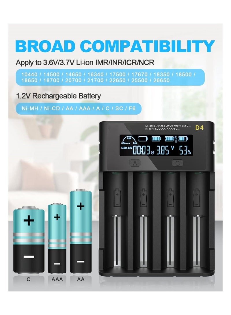 4-Slot Universal Rechargeable Battery Charger, 18650 Battery Charger LCD Display Battery Charger High-Speed Battery Charger with Micro USB for Li-ion Batteries 18650 26650, Ni-MH/Ni-Cd A AA AAA - Image 2