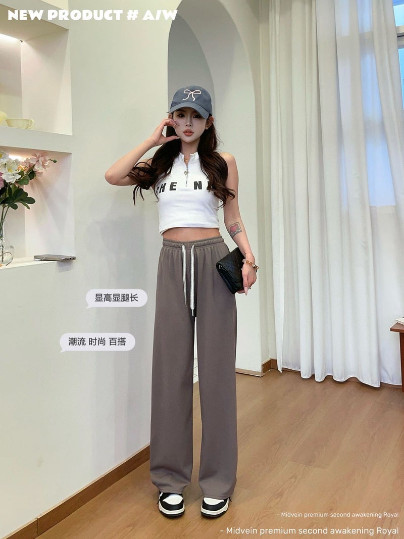 Herringbone Pattern Wide-leg Pants Womens Summer 2025 New High Waist Casual Straight Pants Slim-fit Hangout Long Pants Pink  - Image 2