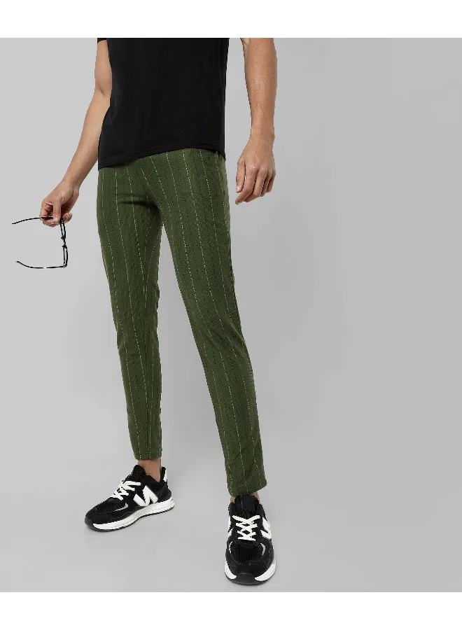 Campus Sutra Men's Olive Green Striped Regular Fit Trackpants