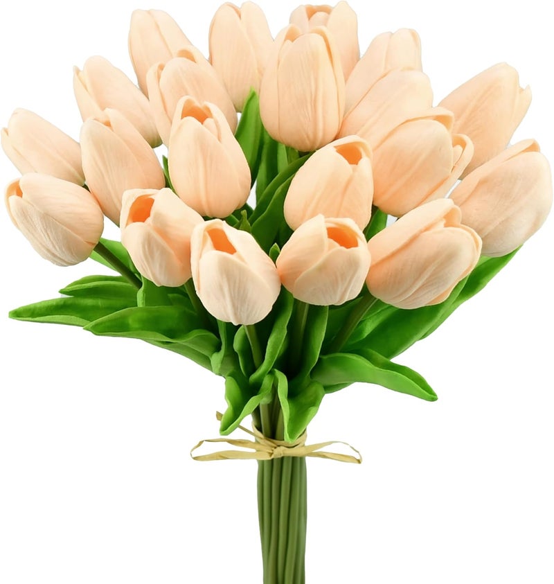 Mandy's Artificial Tulips 20 Stems Champagne PU Faux Flowers for Thanksgiving and Christmas Decorations Wedding Home Decor 13.5 Inch - Image 1