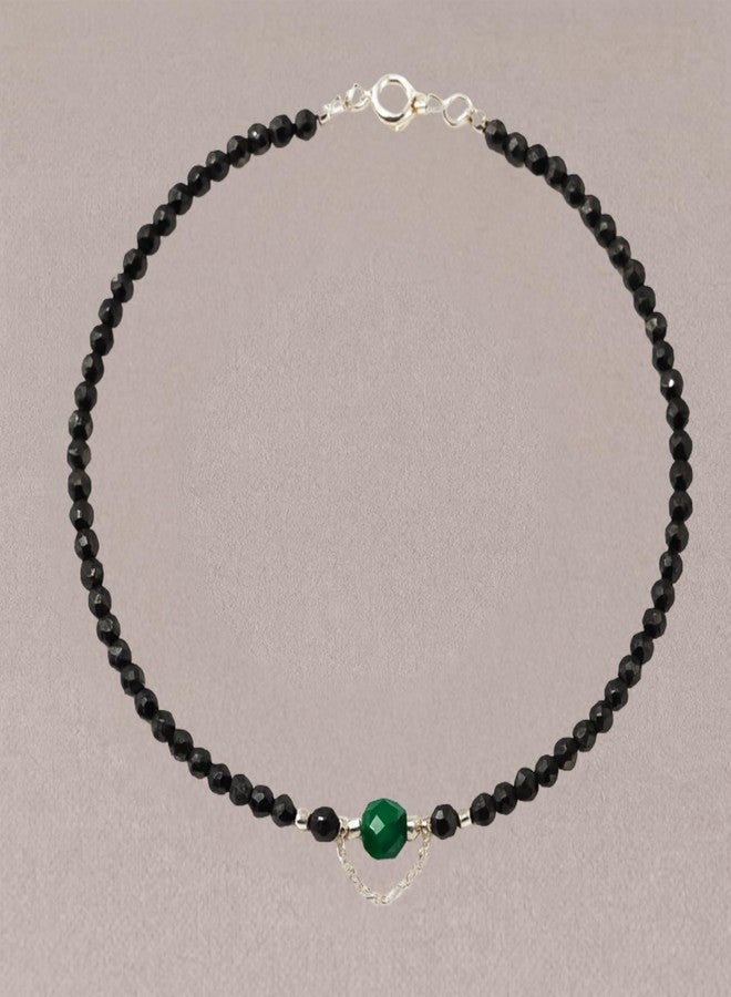DARSHRAJ Handmade 925 Sterling Silver Anklet with Black Beads & Green Bead for Women | Girls | Silver Nazariya Payal | Chandi ke Payal - Image 2