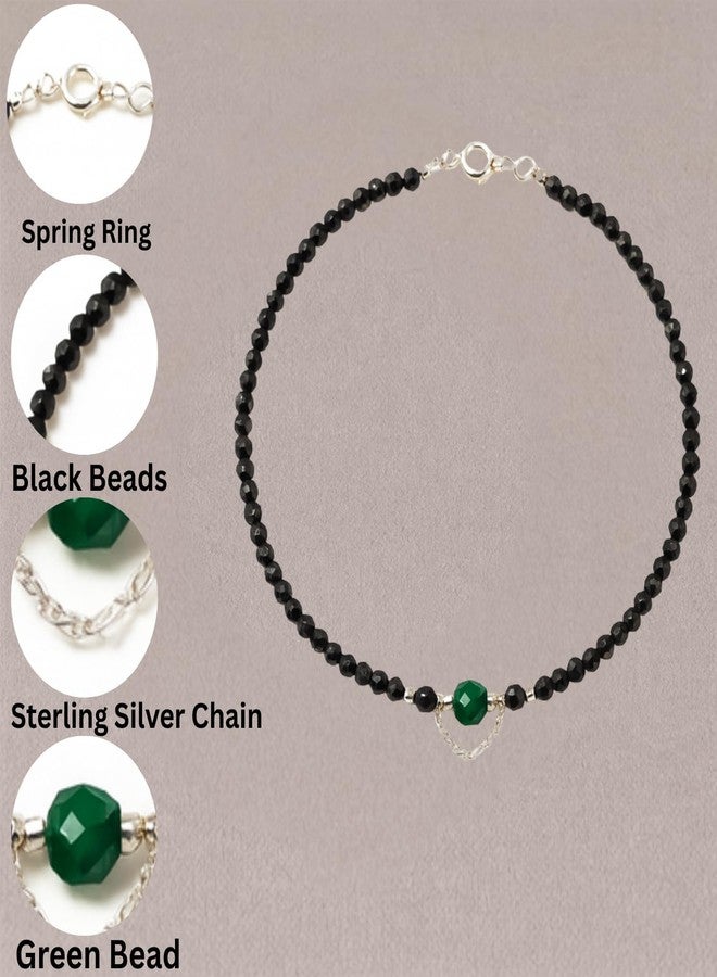DARSHRAJ Handmade 925 Sterling Silver Anklet with Black Beads & Green Bead for Women | Girls | Silver Nazariya Payal | Chandi ke Payal - Image 3