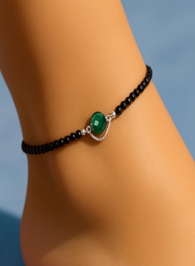 DARSHRAJ Handmade 925 Sterling Silver Anklet with Black Beads & Green Bead for Women | Girls | Silver Nazariya Payal | Chandi ke Payal - Image 4