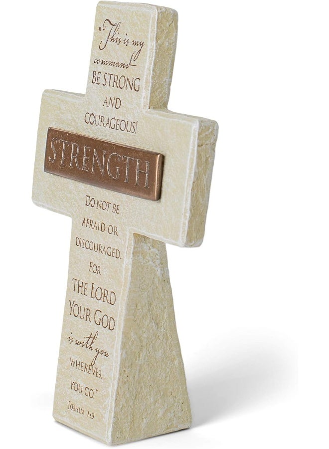 Lighthouse Christian Products Lighthouse Christian Products Strength in The Lord Sandstone 5.5 Inch Cast Stone Bronze Title Bar Cross Figurine  - Image 2