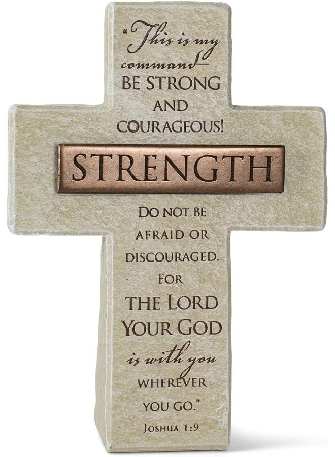 Lighthouse Christian Products Lighthouse Christian Products Strength in The Lord Sandstone 5.5 Inch Cast Stone Bronze Title Bar Cross Figurine  - Image 1