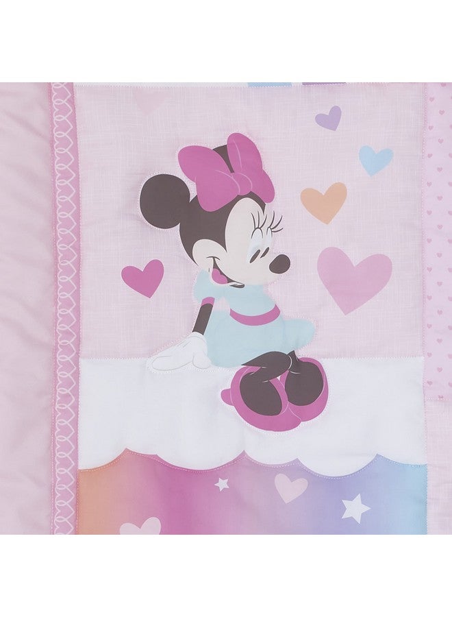Disney Minnie Mouse Be Happy Pink Rainbow, Stars, and Clouds 3 Piece Nursery Mini Crib Bedding Set - Comforter and Two Fitted Mini Crib Sheets - Image 5