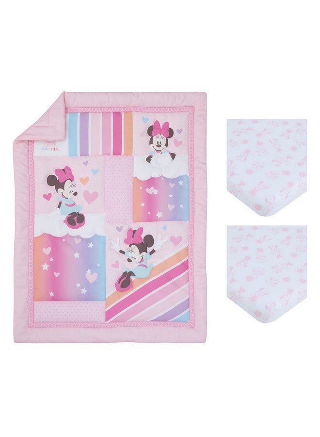 Disney Minnie Mouse Be Happy Pink Rainbow, Stars, and Clouds 3 Piece Nursery Mini Crib Bedding Set - Comforter and Two Fitted Mini Crib Sheets - Image 4
