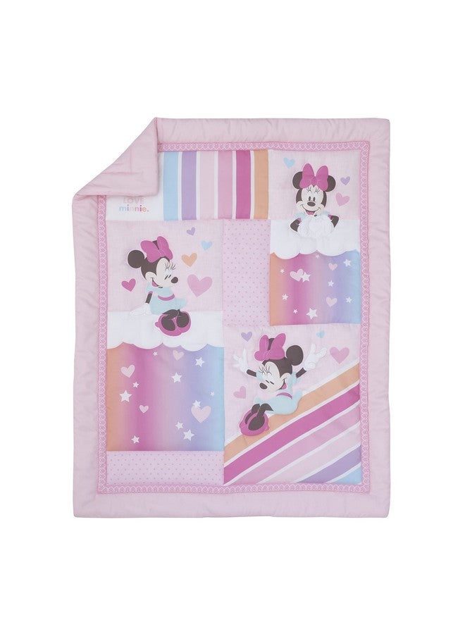 Disney Minnie Mouse Be Happy Pink Rainbow, Stars, and Clouds 3 Piece Nursery Mini Crib Bedding Set - Comforter and Two Fitted Mini Crib Sheets - Image 1
