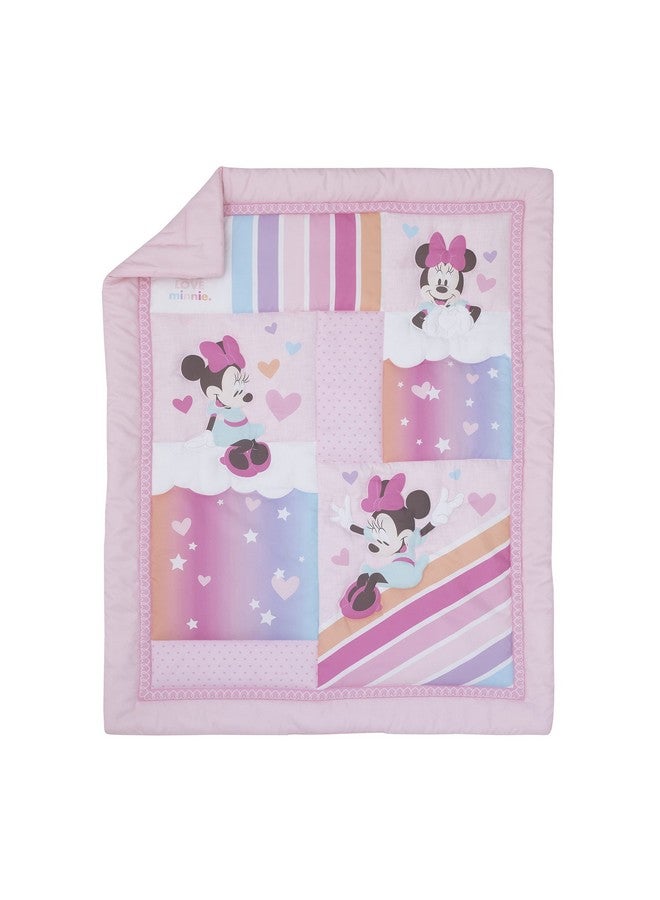 Disney Minnie Mouse Be Happy Pink Rainbow, Stars, and Clouds 3 Piece Nursery Mini Crib Bedding Set - Comforter and Two Fitted Mini Crib Sheets - Image 2