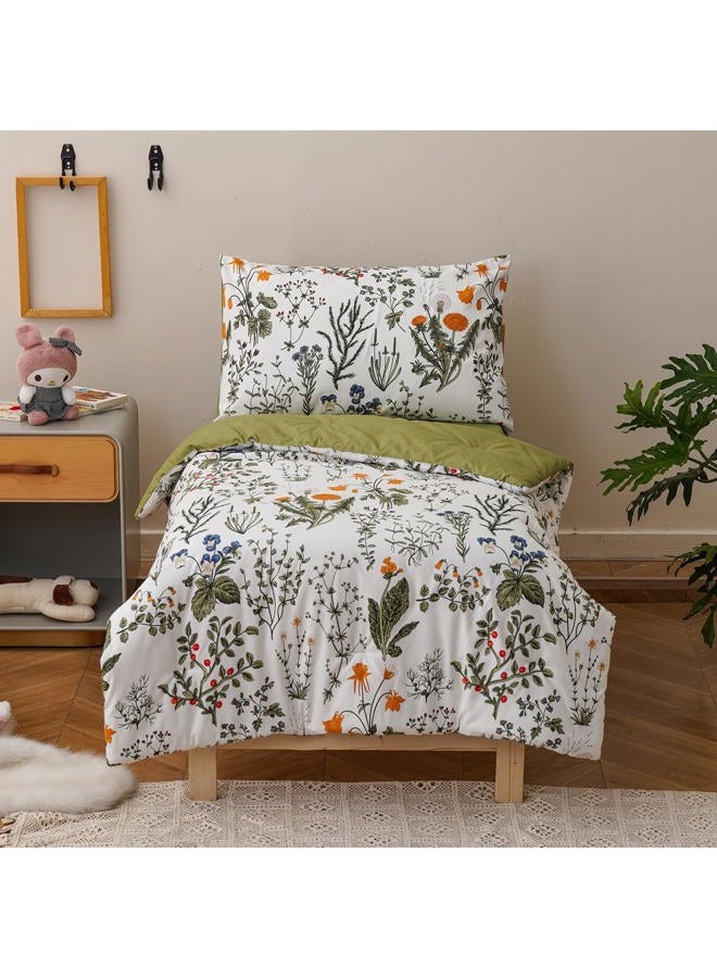 KAREVER Botanical Toddler Bedding Set Flower Print 4 Pieces Crib Bed Set Kids White Green Floral Comforter Set - Image 1