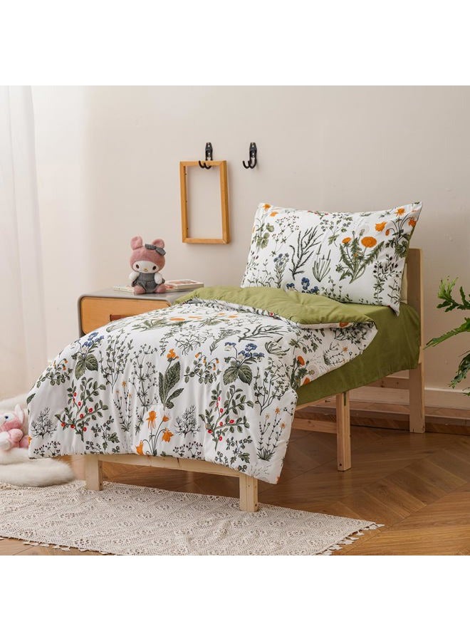 KAREVER Botanical Toddler Bedding Set Flower Print 4 Pieces Crib Bed Set Kids White Green Floral Comforter Set - Image 3