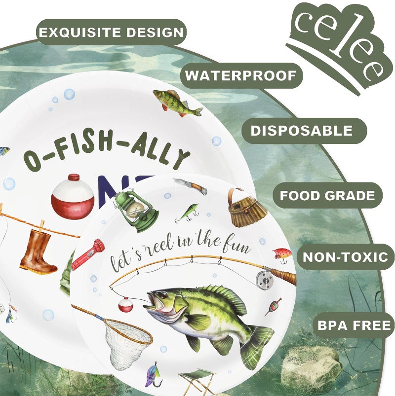 Celee O-Fish-Ally One Birthday Party Supplies for 20 Guests â€“ Fishing Theme Plates Napkins and Forks â€“ Boys 1st Birthday Disposable Tableware Set - Image 4