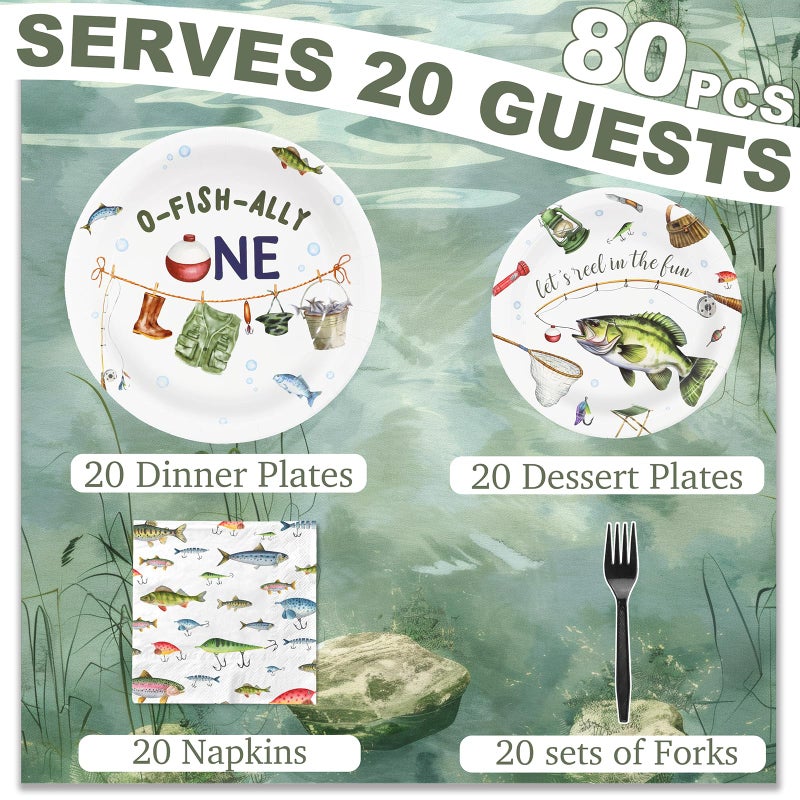 Celee O-Fish-Ally One Birthday Party Supplies for 20 Guests â€“ Fishing Theme Plates Napkins and Forks â€“ Boys 1st Birthday Disposable Tableware Set - Image 3