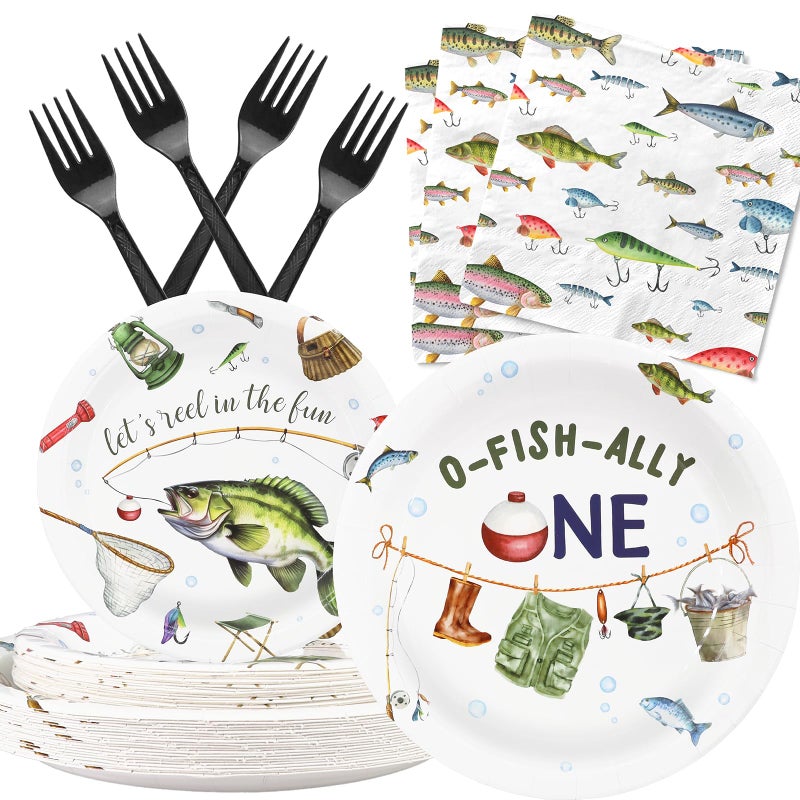 Celee O-Fish-Ally One Birthday Party Supplies for 20 Guests â€“ Fishing Theme Plates Napkins and Forks â€“ Boys 1st Birthday Disposable Tableware Set - Image 1
