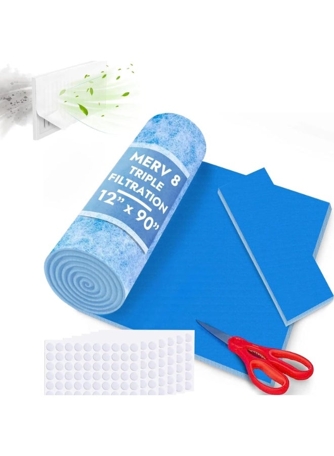 Air Vent Filter, 90" X 12" Vent Filters Paper Anti Dust Net Strainer Air Conditioner Vent Filtration Blue Anion Material Filters To Reduce Dust and Allergy For HVAC And Heating Intake  - Image 1