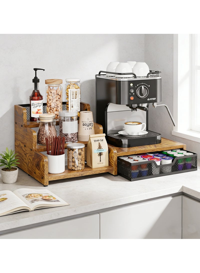 اكسيسن منظم آلة صنع القهوة متعدد الوظائف، رف تخزين بثلاثة مستويات مع درج لحفظ كبسولات القهوة، رف تخزين لملحقات البار، للاستخدام على سطح المطبخ أو المكتب - Image 1