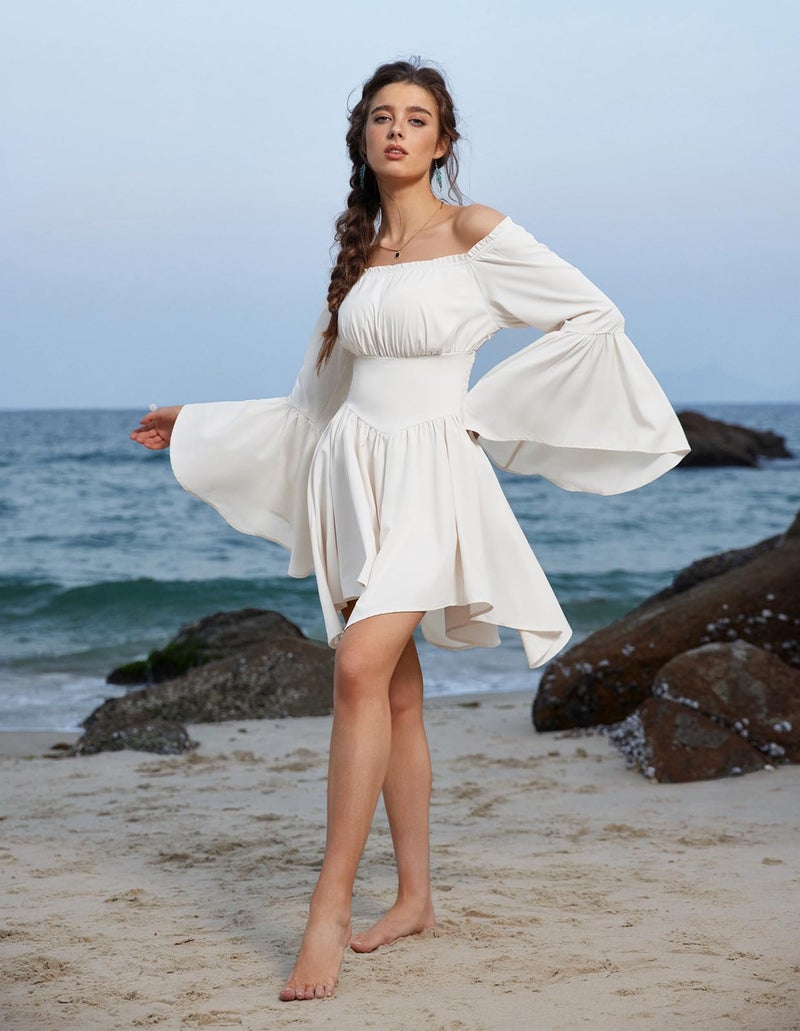 Scarlet Darkness Women Renaissance Dress Fairy Cottagecore Peasant Off Shoulder Corset Dress White M - Image 3