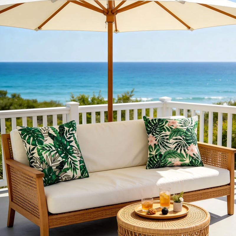 DecorMommt Outdoor Cushion Covers 50 x 50 cm Waterproof Cushion Cover Monstera Leaf Green Linen for Living Room Patio Garden Sofa Cushion Decoration Set of 2 - Image 5