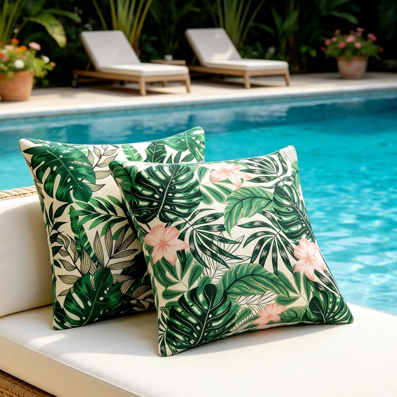 DecorMommt Outdoor Cushion Covers 50 x 50 cm Waterproof Cushion Cover Monstera Leaf Green Linen for Living Room Patio Garden Sofa Cushion Decoration Set of 2 - Image 2