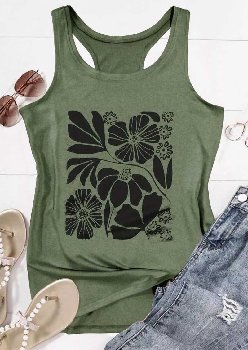 CHUNTIANRAN Summer Tank Tops for Women Beach Tops Cute Graphic Tank Tops Boho Floral Racerback Tank Tops Ladies Summer Trendy Tops(Medium,Floral Green 4) - Image 2