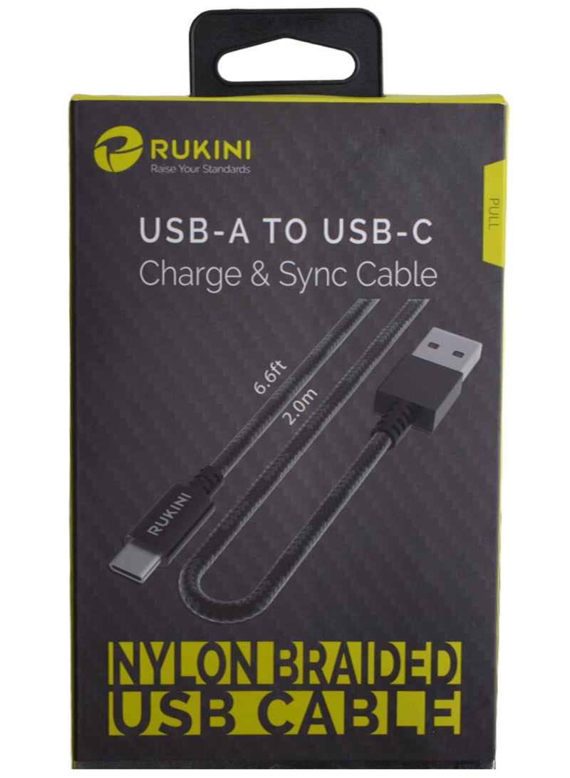 Rukini USB-A to USB-C Nylon Braided Cable - 2 M - Black