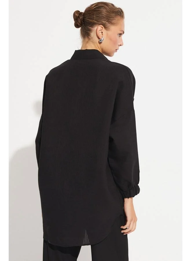 JUNE June Women Exclusive Boyfriend/Wide Pattern Tencel Blend Shirt Black