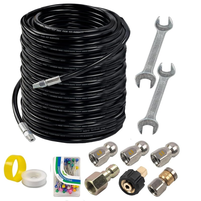 Hourleey Hourleey Sewer Jetter Kit for Pressure Washer 200FT, Drain Cleaner Hose 1/4 Inch NPT, Orifice 4.0 Button Nose and Rotating Sewer Jetting Nozzle Spanner Tape Pearl Corsage Pin, 4000 PSI  - Image 1