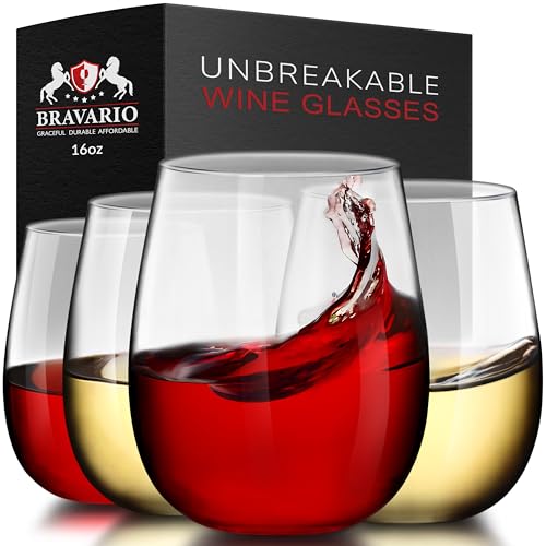 Bravario Unbreakable Stemless Plastic Wine Glasses | Reusable | Shatterproof 100% Tritan Plastic | Dishwasher-Safe | BPA-free | Awesome for Indoor & Outdoor | 16 oz, Set of 4 - Image 1