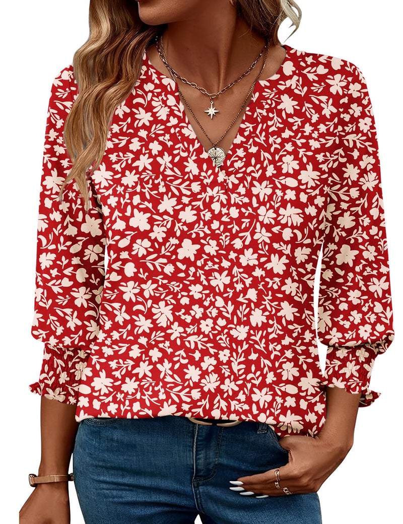 LOMON Womens Tops Dressy Casual Half Sleeve Tops for Women Ladies Tops and Blouses Womens Fashion 2026 Red Apricot Floral M - Image 1