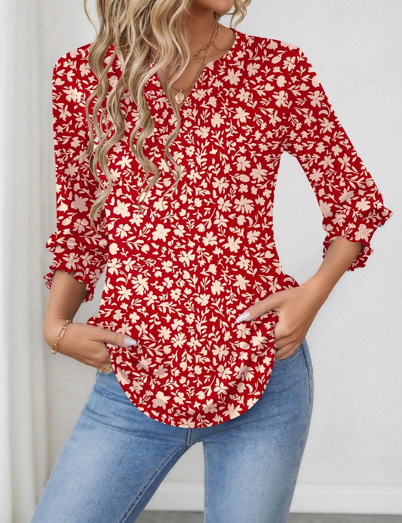 LOMON Womens Tops Dressy Casual Half Sleeve Tops for Women Ladies Tops and Blouses Womens Fashion 2026 Red Apricot Floral M - Image 3