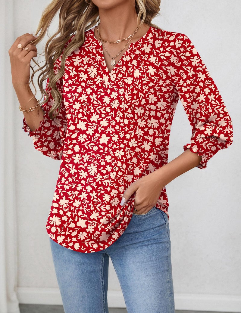 LOMON Womens Tops Dressy Casual Half Sleeve Tops for Women Ladies Tops and Blouses Womens Fashion 2026 Red Apricot Floral M - Image 2