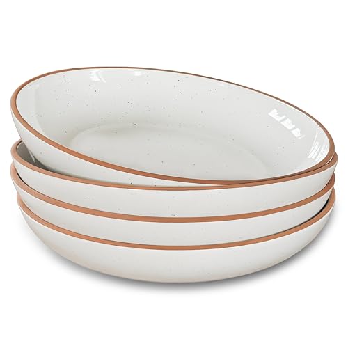 Mora Ceramic Large Pasta Bowls 30oz, Set of 4 - Serving, Salad, Dinner, etc Plate/Wide Bowl - Microwave, Oven, Dishwasher Safe Kitchen Dinnerware - Modern Porcelain Stoneware Dishes, Vanilla White - Image 1
