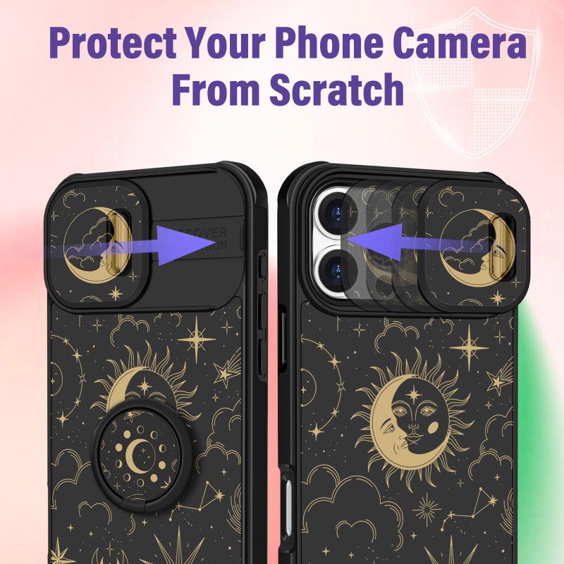 Funermei for iPhone 16 Pro Max Case - Women Girls Cute Phone Cover Girly Pretty Aesthetic Stars Sun Moon Unique Design with Camera Cover and Ring Stand Funda for Apple 16 Pro Max - Image 4