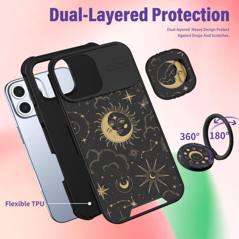 Funermei for iPhone 16 Pro Max Case - Women Girls Cute Phone Cover Girly Pretty Aesthetic Stars Sun Moon Unique Design with Camera Cover and Ring Stand Funda for Apple 16 Pro Max - Image 5