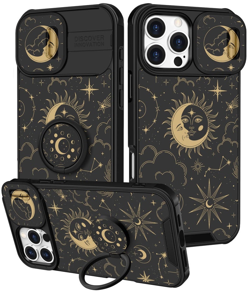 Funermei for iPhone 16 Pro Max Case - Women Girls Cute Phone Cover Girly Pretty Aesthetic Stars Sun Moon Unique Design with Camera Cover and Ring Stand Funda for Apple 16 Pro Max - Image 1