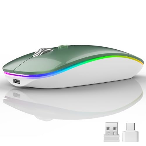 Uiosmuph LED Wireless Silent Mouse, G12 Slim Rechargeable, 2.4G Portable USB Optical Computer Mice with USB Receiver and Type C Adapter (Blacklish Green) - Image 1