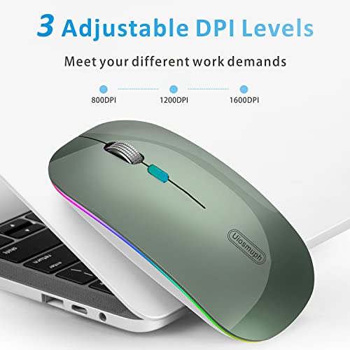 Uiosmuph LED Wireless Silent Mouse, G12 Slim Rechargeable, 2.4G Portable USB Optical Computer Mice with USB Receiver and Type C Adapter (Blacklish Green) - Image 2